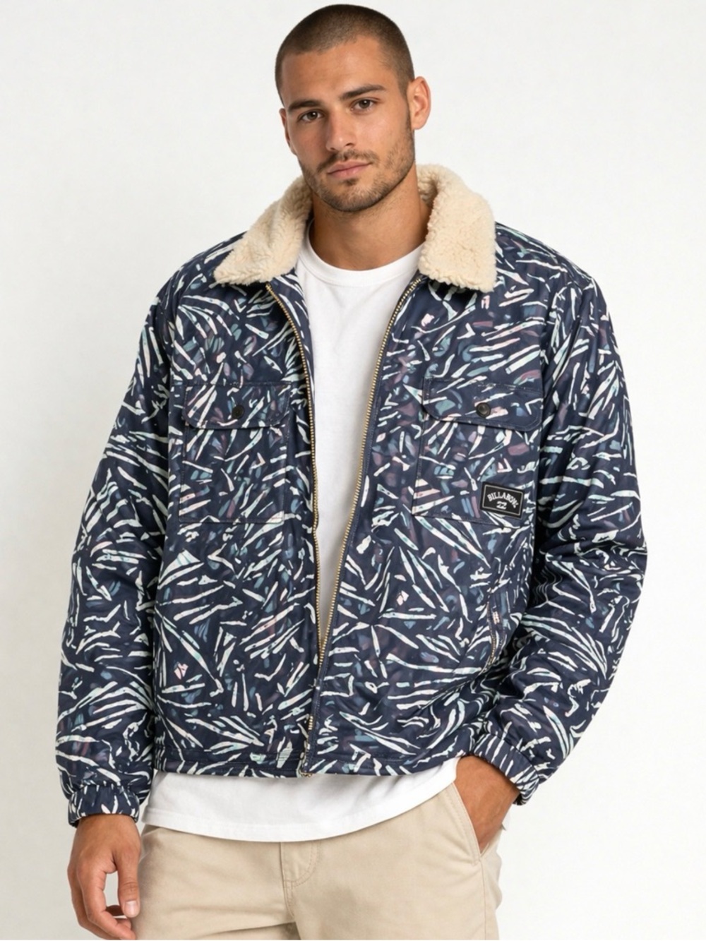 Billabong Xander Cotton Zip Jacket Faux Sherpa Collar Mens Size S NWT
